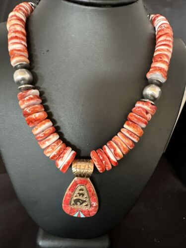 Navajo Red Spiny Oyster Pendant Necklace | Sterling Silver | Brass Inlay | Authentic Native American Handmade | 15789