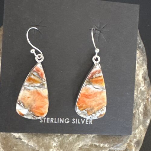 Navajo Blue Turquoise & Orange Spiny Oyster Inlay Dangle Earrings | Sterling Silver | Native American Handmade | 15581