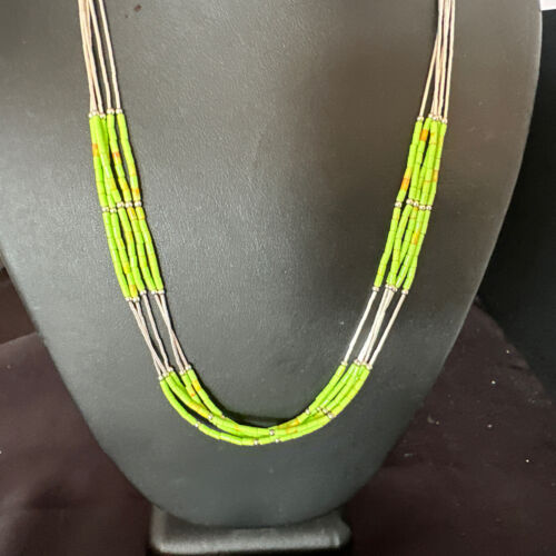 Navajo Green Gaspeite Heishi Bead Necklace | 5-Strand Stabilized Sterling Silver | 20" | 02941