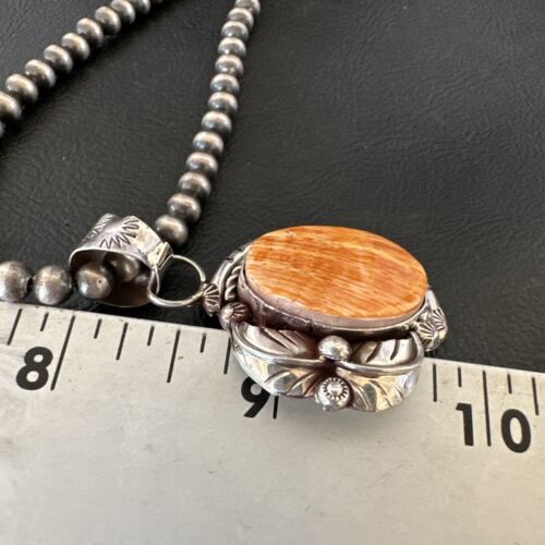 Navajo Orange Spiny Oyster Pendant Necklace | Sterling Silver Pearls | Authentic Native American Handmade | 16559