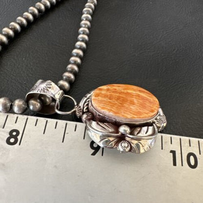 Navajo Orange Spiny Oyster Pendant Necklace | Sterling Silver Pearls | Authentic Native American Handmade | 16559