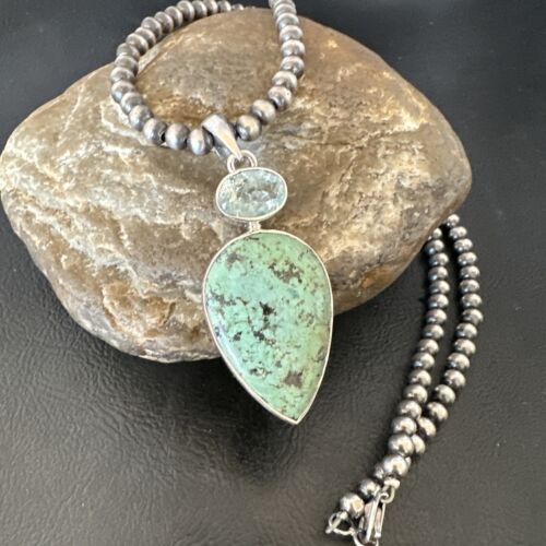 Navajo Dry Creek Turquoise Topaz Pendant Necklace | Sterling Silver | Authentic Native American Handmade | 16445