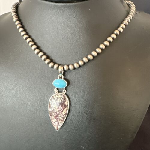 Navajo Wild Horse | Blue Kingman Turquoise Necklace | Sterling Silver | Authentic Native American Handmade | 17316