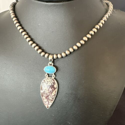 Navajo Wild Horse | Blue Kingman Turquoise Necklace | Sterling Silver | Authentic Native American Handmade | 17316