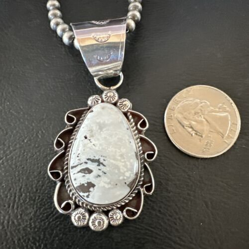 Men's White Buffalo Turquoise Pendant | Navajo Pearl Sterling Silver Necklace 21" | Handmade Jewelry | 17044