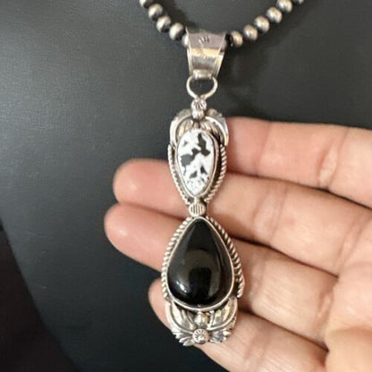 Navajo White Buffalo Turquoise Onyx Necklace Pendant | Sterling Silver | Authentic Native American Handmade | 15316