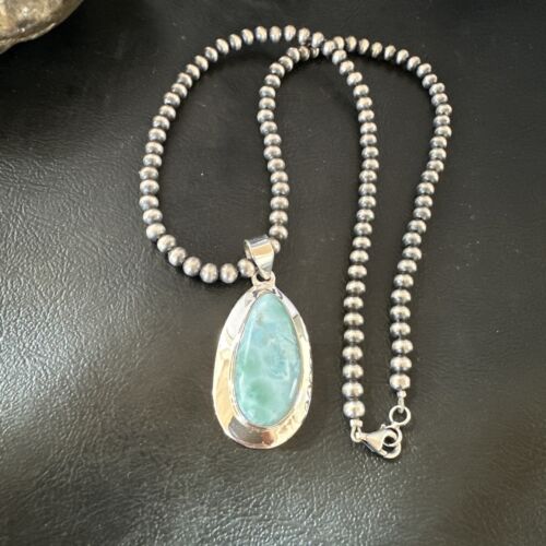 Navajo Blue Larimar Pendant Necklace | Sterling Silver Beads | Authentic Native American Handmade | 16485