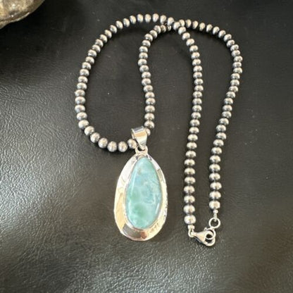 Navajo Blue Larimar Pendant Necklace | Sterling Silver Beads | Authentic Native American Handmade | 16485