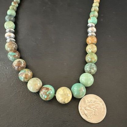 Navajo Green Turquoise Bead Necklace | Sterling Silver | Graduated | Authentic Native American | 18" | 17402