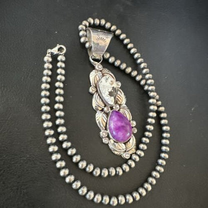 Navajo Pearls Pendant | White Buffalo Turquoise & Sugilite | Sterling Silver | Native American Handmade | 16869
