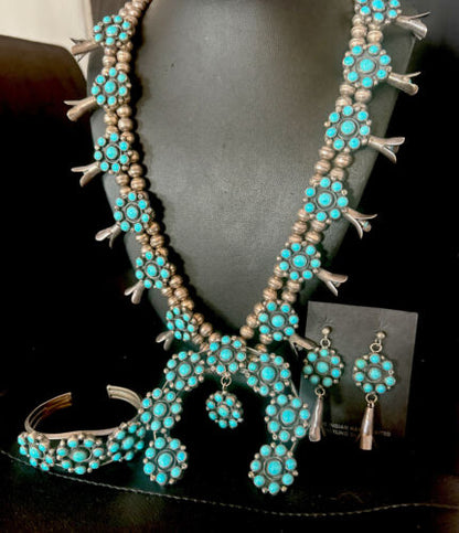 Ultra Rare Old Pawn Kingman Turquoise Squash Blossom Set | Necklace, Bracelet, Pendant, Earrings | Navajo | 15921