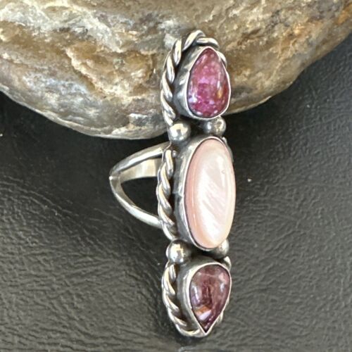Navajo Purple Spiny Oyster & Mother of Pearl Cluster Ring | Authentic Native American Sterling Silver | Multi-Stone | Sz 7 | 17646