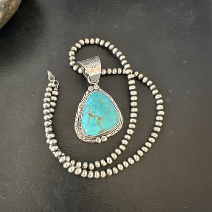 Navajo Blue Kingman Turquoise Necklace Pendant | Sterling Silver | Authentic Native American Handmade | 17476