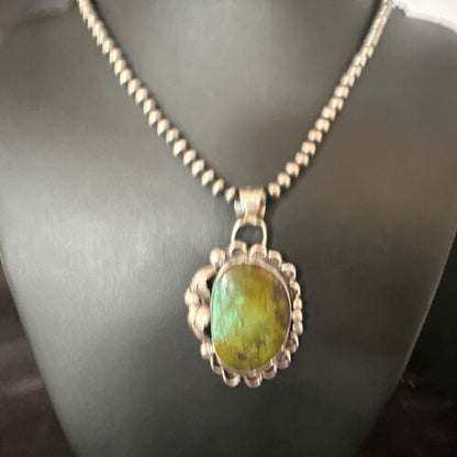 Navajo Green Turquoise Pendant Necklace | Sterling Silver | Authentic Native American Handmade | 15040