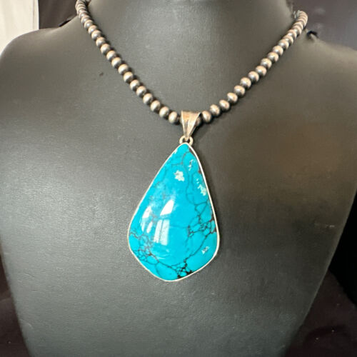 Men's Navajo Blue Spiderweb Turquoise Pendant Necklace | Sterling Silver | Authentic Native American Handmade | 16207