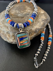 Navajo Native American Multicolor Turquoise Spiny Inlay Pendant Necklace | Sterling Silver | 10335