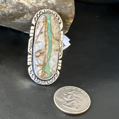 Navajo Ribbon Boulder Green Turquoise Ring | Sterling Silver | Sz 10 | Authentic Native American Handmade | 16253
