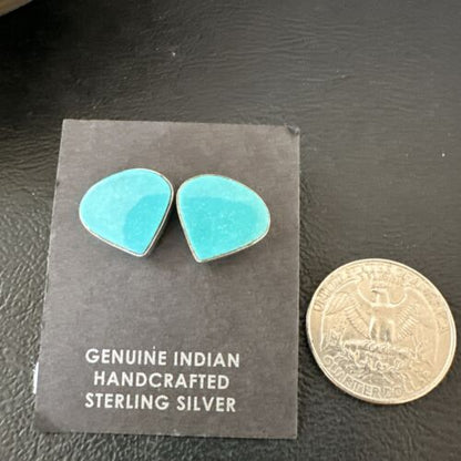 Navajo Blue Kingman Turquoise Post Stud Earrings | Sterling Silver | Authentic Native American Handmade | 17483