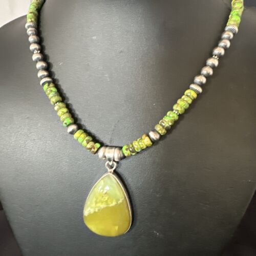 Navajo Green Turquoise Pendant Necklace | Sterling Silver | Authentic Native American Handmade | 16916