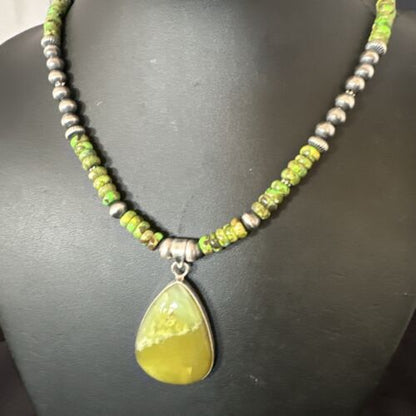 Navajo Green Turquoise Pendant Necklace | Sterling Silver | Authentic Native American Handmade | 16916