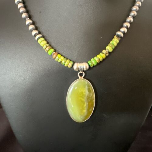 Navajo Green Turquoise Pendant Necklace | Sterling Silver | Authentic Native American Handmade | 16919