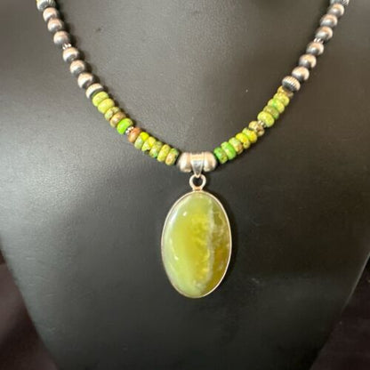 Navajo Green Turquoise Pendant Necklace | Sterling Silver | Authentic Native American Handmade | 16919