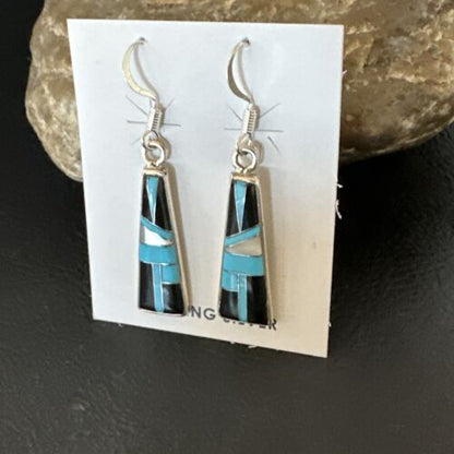 Navajo Blue Turquoise Black Onyx Inlay Earrings | Sterling Silver | 1" | Authentic Native American Handmade | 15700