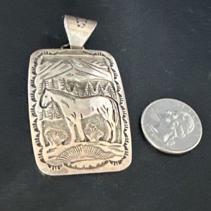 Navajo Stamped Horse Pendant Necklace | Sterling Silver | 2.5" | Authentic Native American Handmade | 15171
