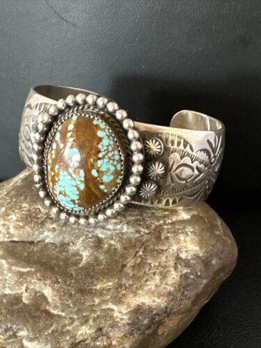Navajo Men's Blue #8 Turquoise Cuff Bracelet | Sterling Silver | Authentic Native American Handmade | 15856