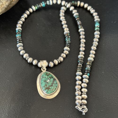 Men's Navajo Blue Spiderweb Turquoise Pendant Necklace | Sterling Silver | Native American Handmade | 16240