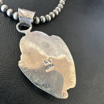 Navajo Blue Turquoise Pendant Necklace | Sterling Silver Pearls | Authentic Native American Handmade | 15646
