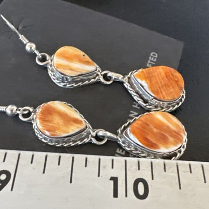 Navajo Orange Spiny Oyster Dangle Earrings | Sterling Silver | 1.5" | Authentic Native American Handmade | 16564
