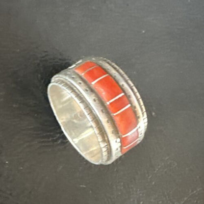 Navajo Coral Inlay Ring | Sterling Silver | Sz 11 | Authentic Native American Handmade | 15912