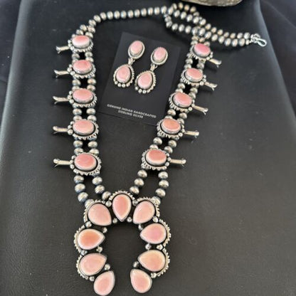 Navajo Pink Conch Squash Blossom Necklace with Naja Pendant | Authentic Native American Handmade | 17441
