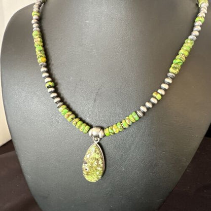 Navajo Green Turquoise Pendant Necklace | Sterling Silver Pearls | Authentic Native American Handmade | 16234