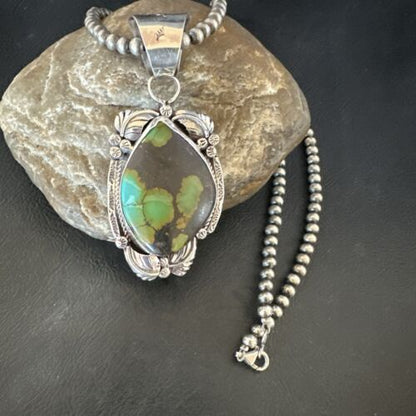 Men's Navajo Green Turquoise Pendant Necklace | Sterling Silver | Authentic Native American Handmade | 17526