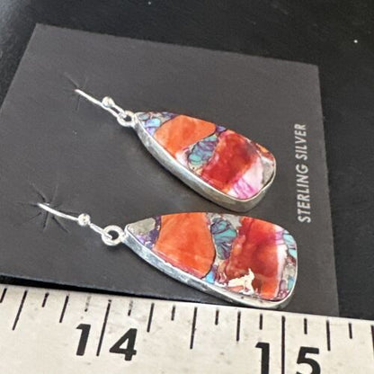 Navajo Blue Turquoise Red Spiny Oyster Inlay Dangle Earrings | Sterling Silver | 15560