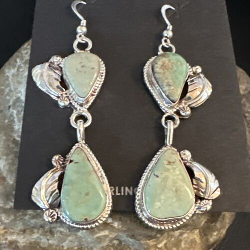 Navajo Green Royston Turquoise Dangle Earrings | Sterling Silver | Authentic Native American Handmade | 16838