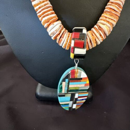 Santo Domingo Multi-Color Spiny Inlay Pendant Necklace | Sterling Silver | 32" | 16855