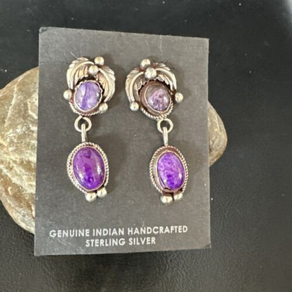 Navajo Purple Sugilite Charoite Dangle Earrings | Sterling Silver | 2" | Authentic Native American Handmade | 15258