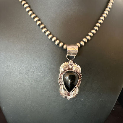 Native American Men's Pendant | Navajo Pearls | Sterling Silver Black Onyx Necklace | 16129