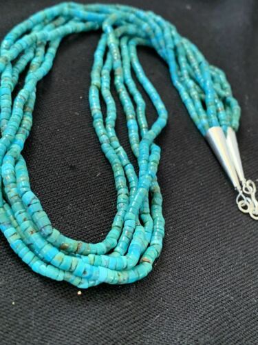 Native American Navajo Turquoise Heishi Necklace | Sterling Silver 5 Strand 2mm | 20" | 205