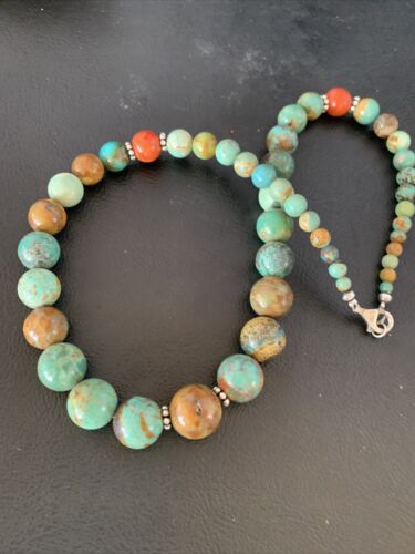 Navajo Green Turquoise & Apple Coral Graduated Necklace | Sterling Silver | Authentic Native American | 18" | 13204