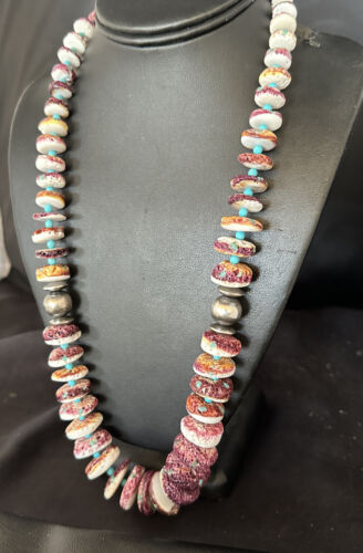 Purple Spiny Oyster & Turquoise Necklace | Navajo Sterling Silver | Authentic Native American | 25" | 15023