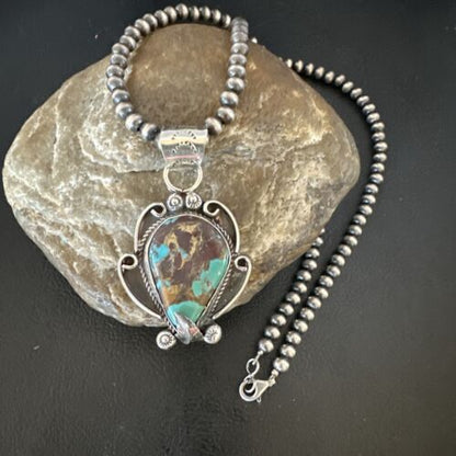 Navajo Blue Turquoise Pendant Necklace | Sterling Silver Pearls | Authentic Native American Handmade | 15649
