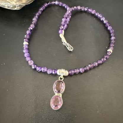Southwestern Navajo Amethyst Pendant | Sterling Silver Pearls Necklace | 19" | 17502 - Masha USA