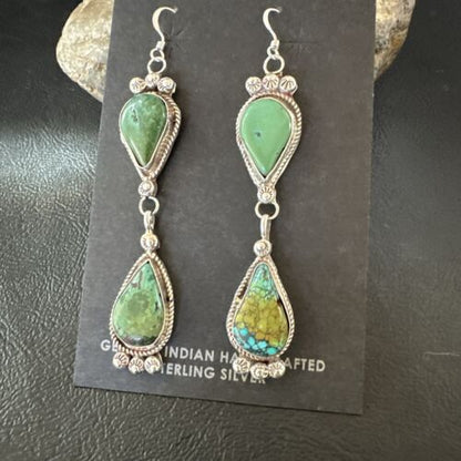 Navajo Green Royston Turquoise Dangle Earrings | Sterling Silver | Authentic Native American Handmade | 17141