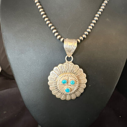 Navajo Sunface Blue Kingman Turquoise Pendant | Sterling Silver | 2.75" | Authentic Native American Handmade | 15209