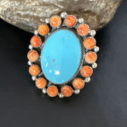 Navajo Women's Cluster Turquoise Spiny Oyster Ring | Authentic Native American Sterling Silver | Multi-Stone | Sz 12 | 16026 - Masha USA