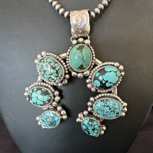 Navajo Men's Blue Turquoise Naja Pendant Necklace | Sterling Silver Pearls | Authentic Native American | 16404